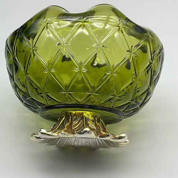 Indiana Glass Metal Footed Diamond Duette Avocado Green Quilted Candy Di… - Picture 3 of 7